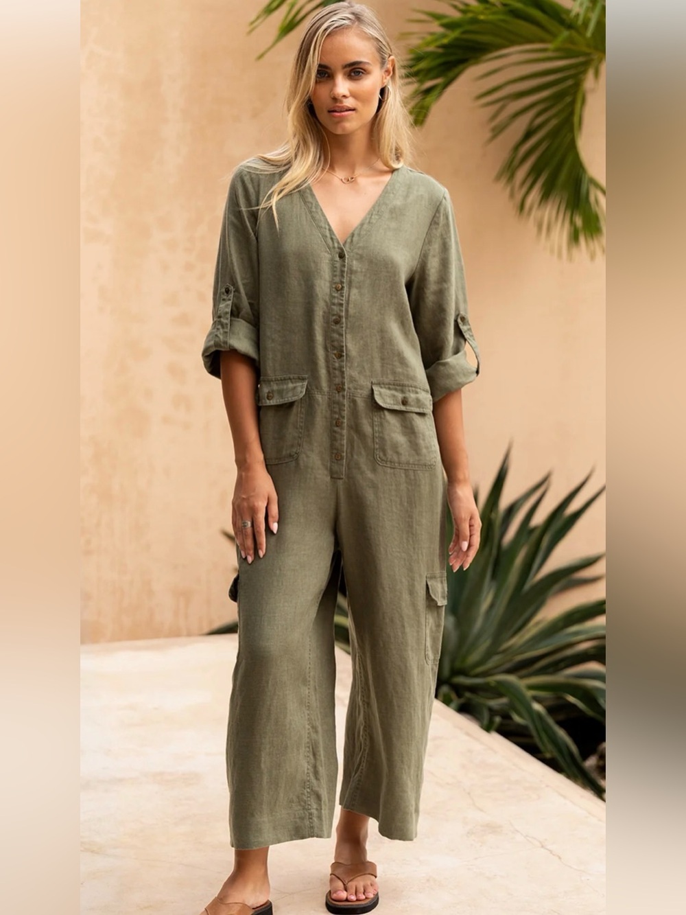 Nomad the Label Mara Jumpsuit Womens XS Olive 100% Linen Utility Cargo